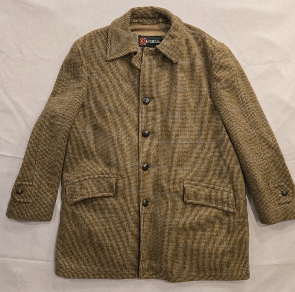 Vintage McGregor Men's Tweed Overcoat Windowpane Design Leather Buttons 1960s